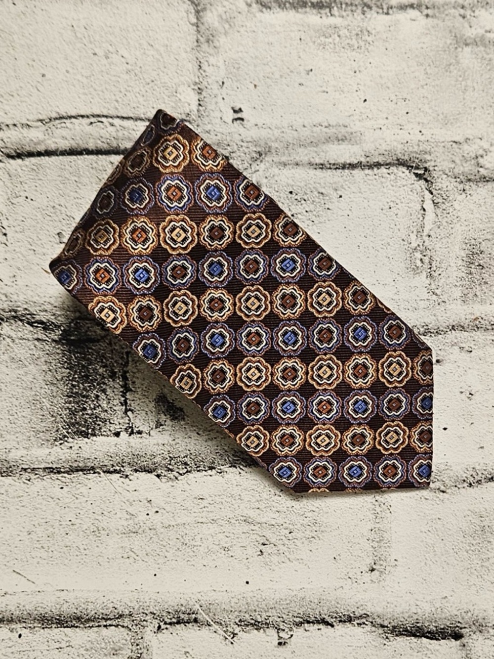 Dion Signature Silk Tie Brown Blue Geometric Medallion Pattern